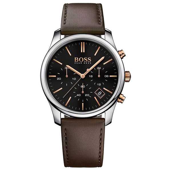Time One Chronograph Black Dial With Brown Leather Strap Men's Watch