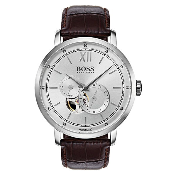 Signature Automatic Silver Dial Brown Leather Strap Men's Watch