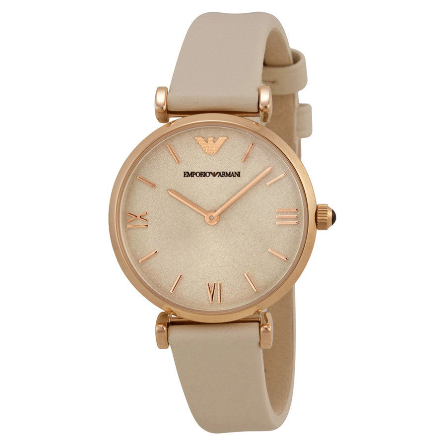Emporio Light Brown Dial White Leather Ladies Watch