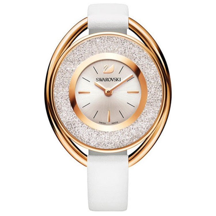 Crystalline Rose Gold-tone White Leather Strap Ladies Watch