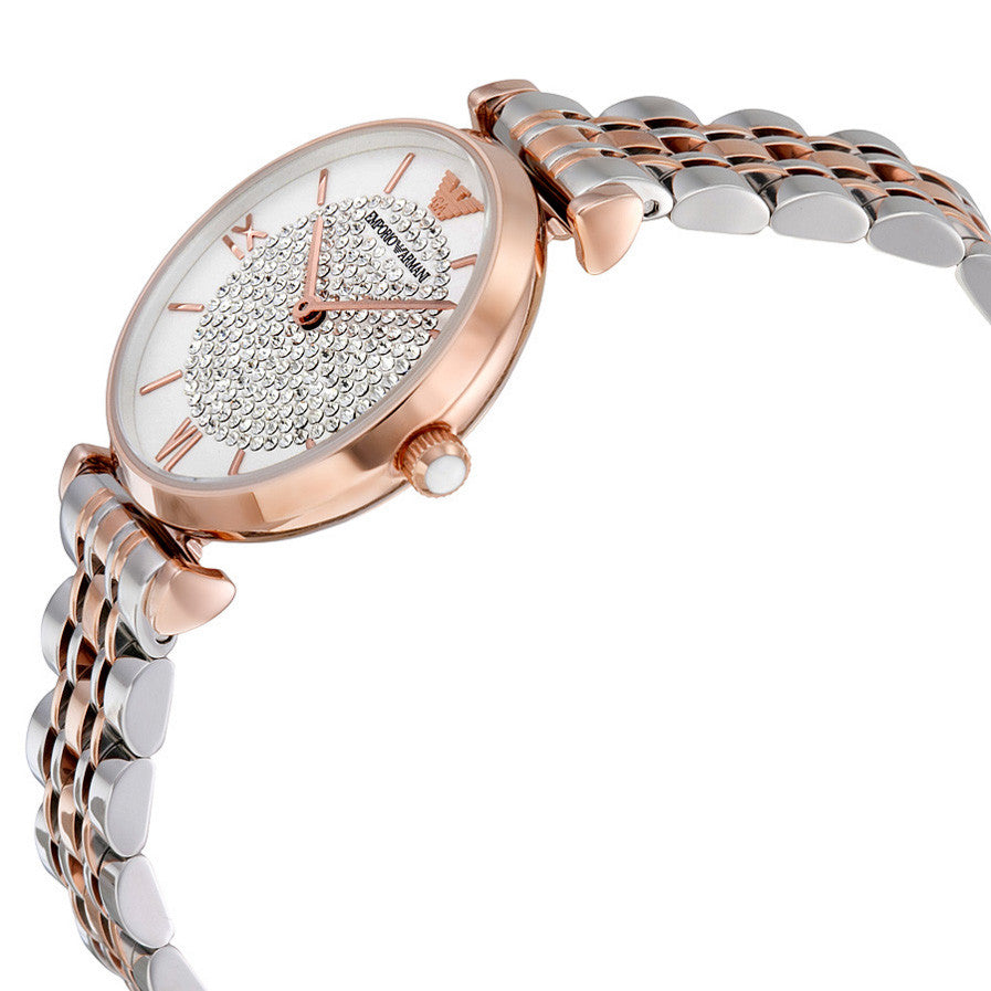 White Crystal Pave Dial Two Tone Stainless Steel Ladies Watch
