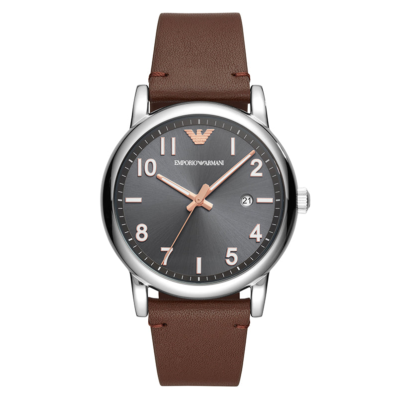 Armani Luigi Gray Sunray Dial and Brown Leather Strap Men's Watch