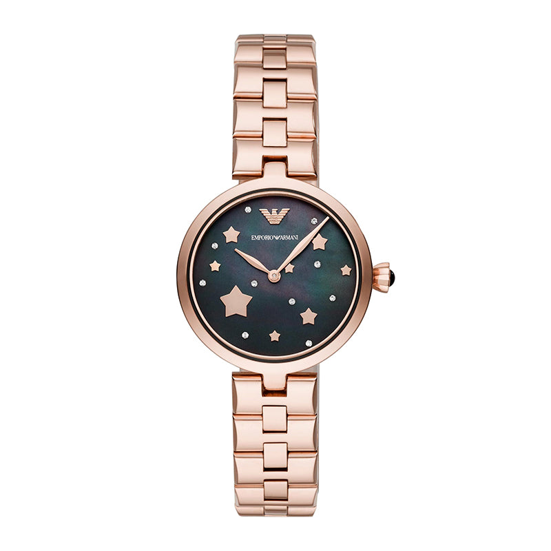 Donna Glossy Black Mother of Pearl Dial Rose Gold Tone Stainless Steel Ladies' Watch