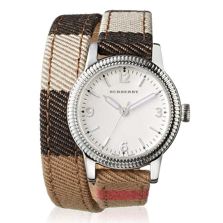 Utilitarian White Dial Check Canvas Leather Ladies' Watch