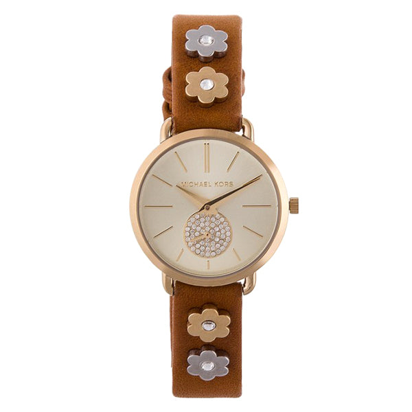 Portia Minimalist Gold Dial with Floral Embellished Brown Leather Strap Ladies Watch