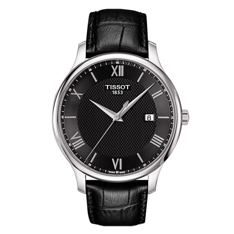 Traditon Gents Black Dial with Black Leather Strap Men's Watch